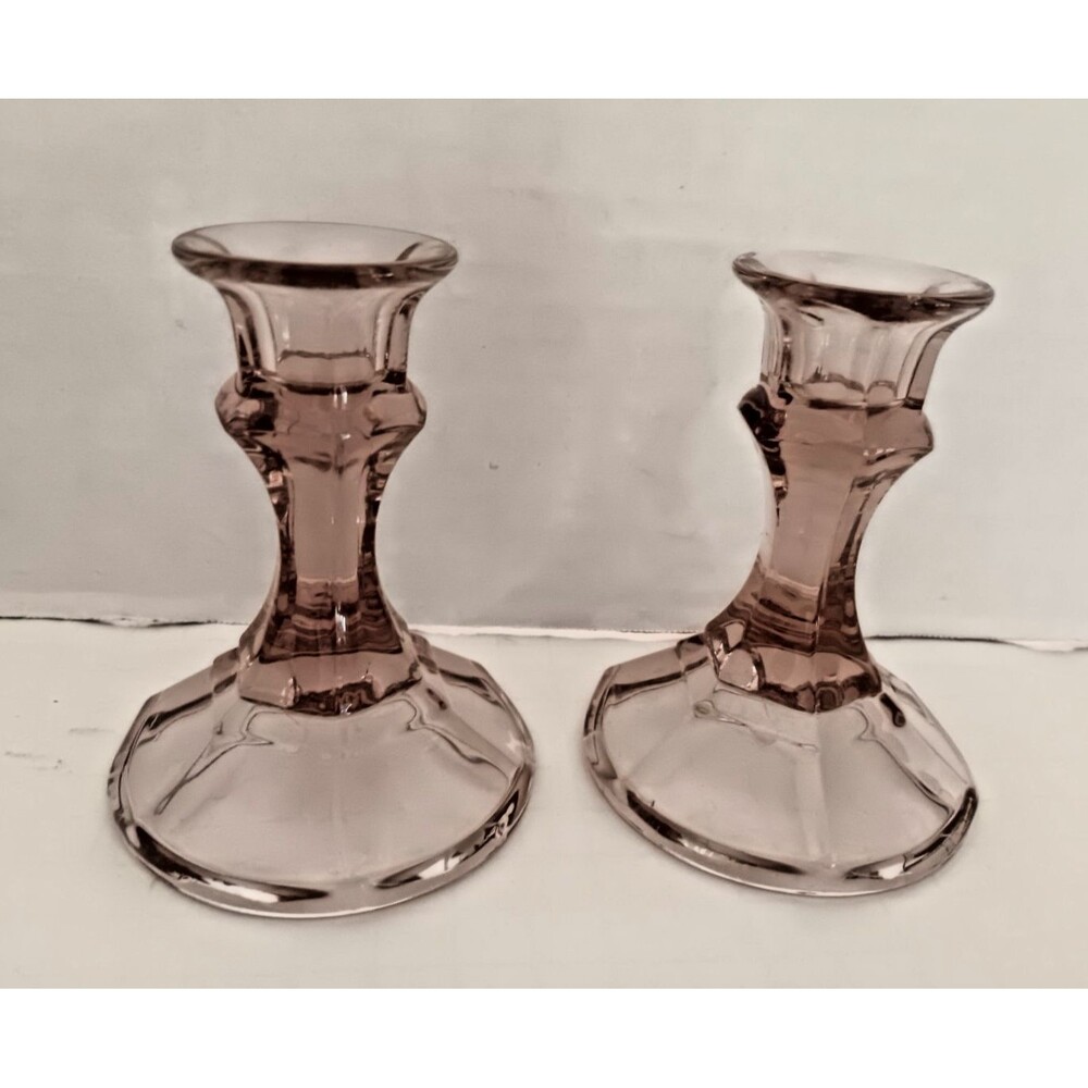 Lavender Glass Candlestick Holders Pair 2 Cottagecore 4"T
